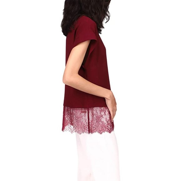 MICHAEL Michael Kors Lace Combo Short Sleeve Top - Dark Ruby - Size Large - Picture 2 of 3